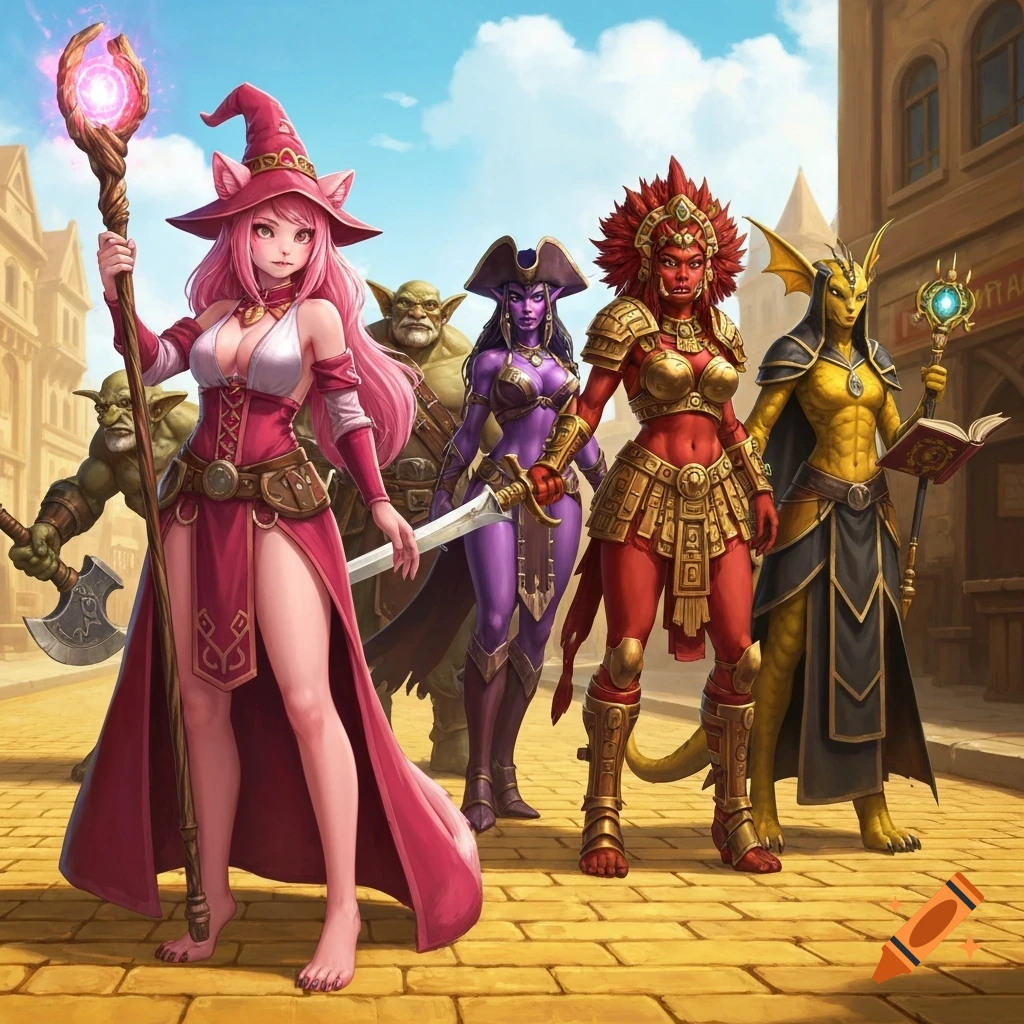 A fantasy adventuring party walks on a gold brick road. Characters include a pink-haired Neko wizard, a goblin, a purple dark elf pirate, a red orc shaman, and a yellow dragonborn priest.
