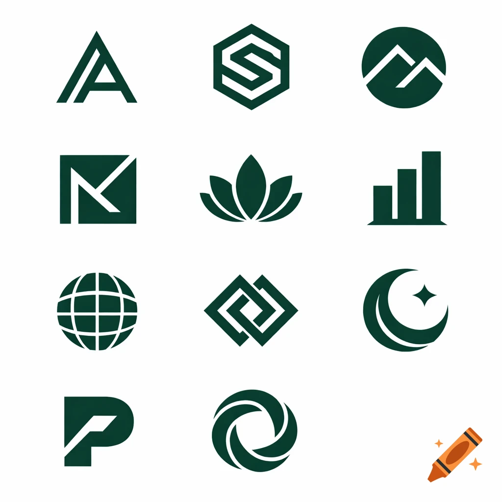 Ten dark green simple geometric logos on a white background, featuring various shapes and stylized letters.