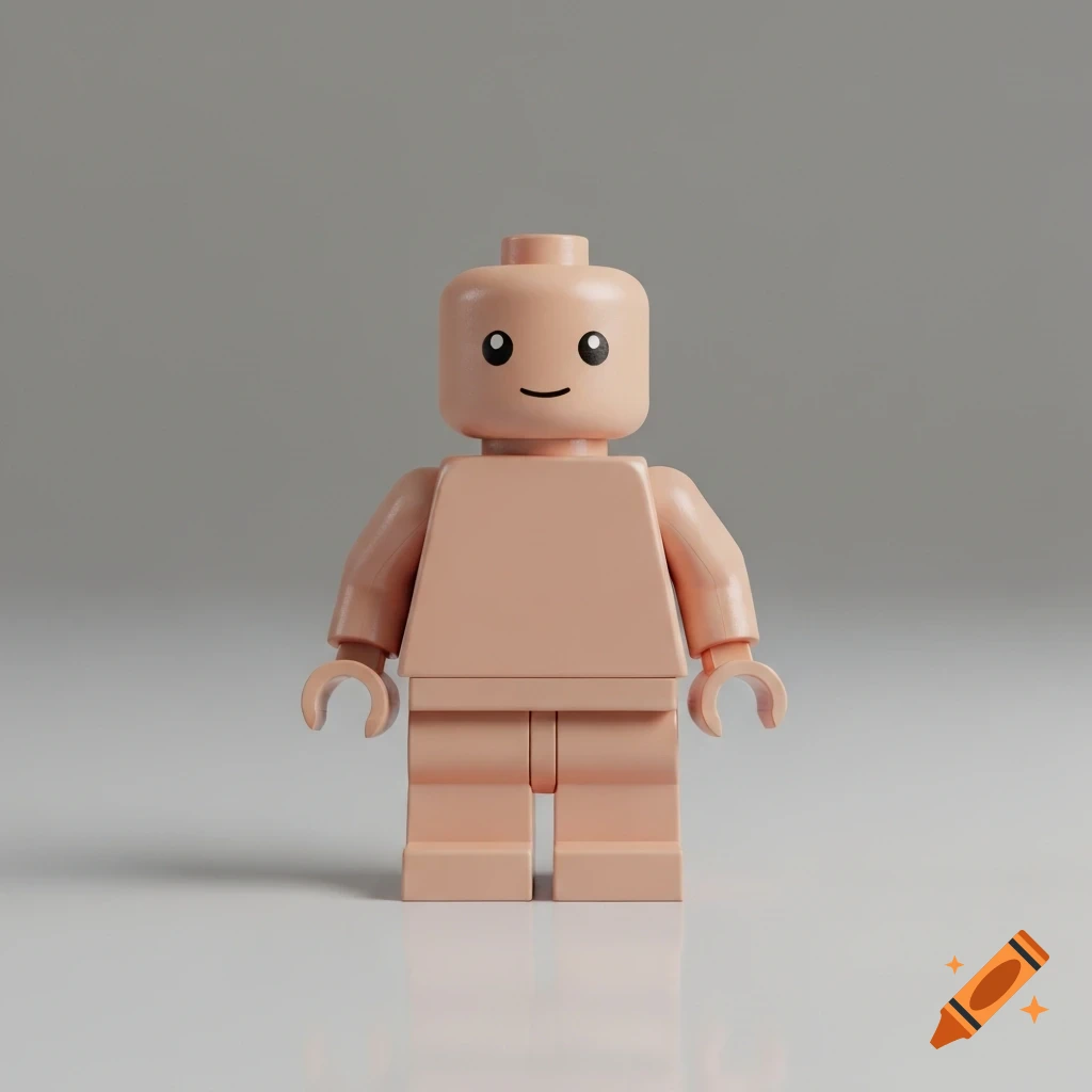 A peach-colored Lego minifigure with a simple smiley face stands on a white surface against a gray background.