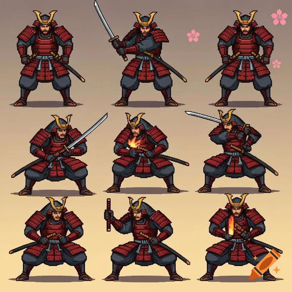 A pixel art sprite sheet featuring a samurai in red and black armor, shown in nine different action poses with a katana, some with fire effects.
