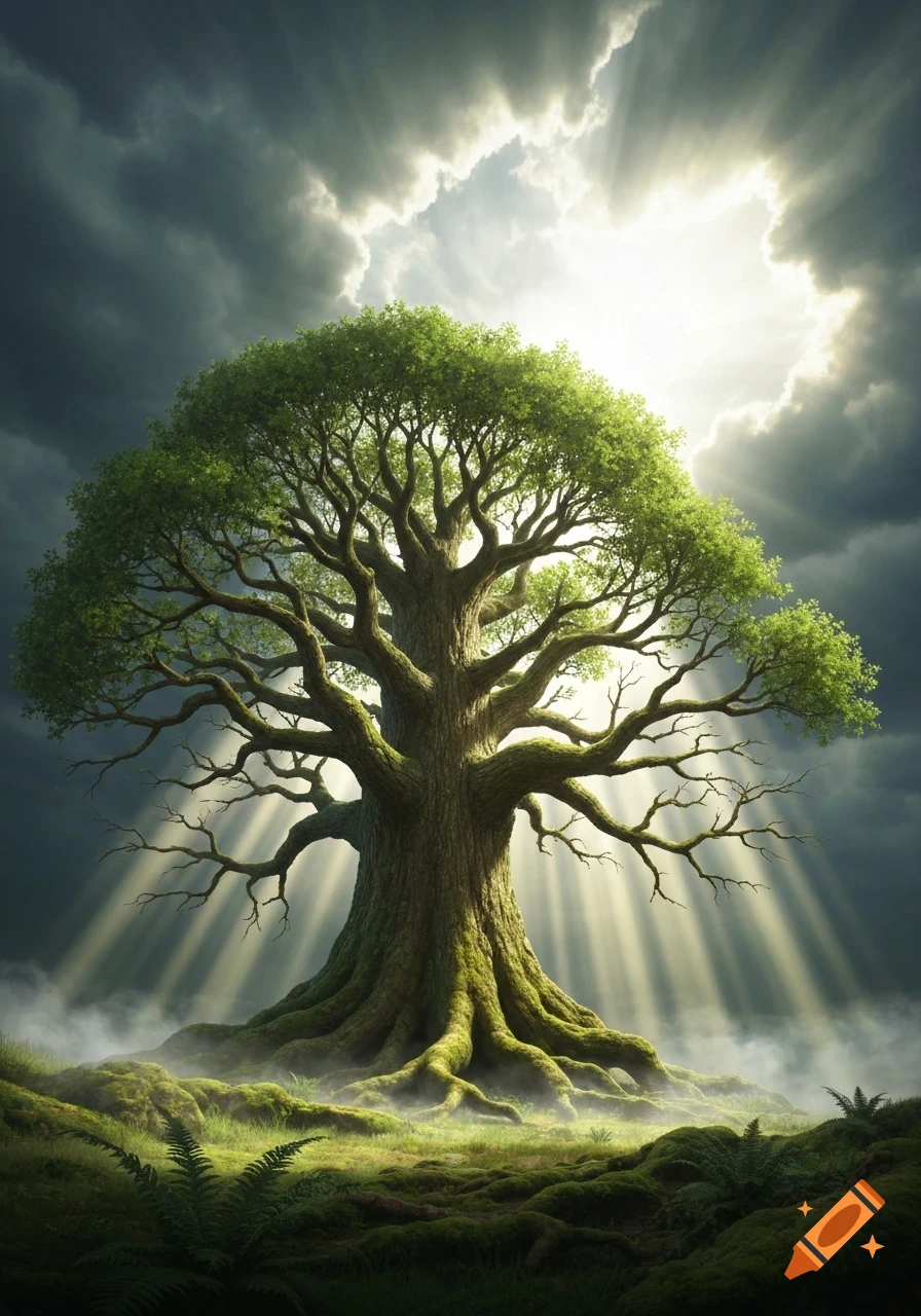 A large, ancient tree with green leaves and thick roots stands under a dramatic sky with sunbeams breaking through dark clouds onto misty, mossy ground.