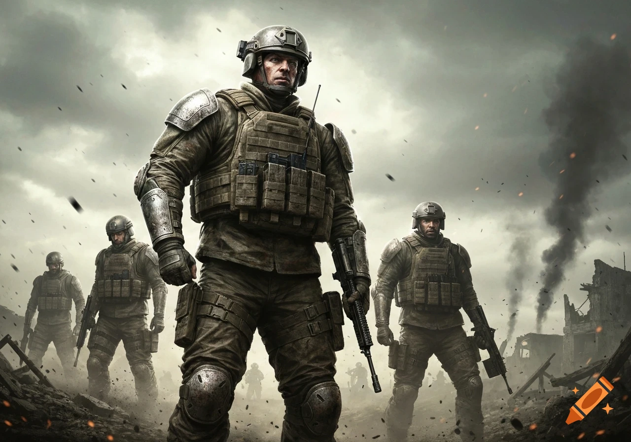 Three armored soldiers stand amidst smoke and rubble in a war-torn city under a cloudy sky.