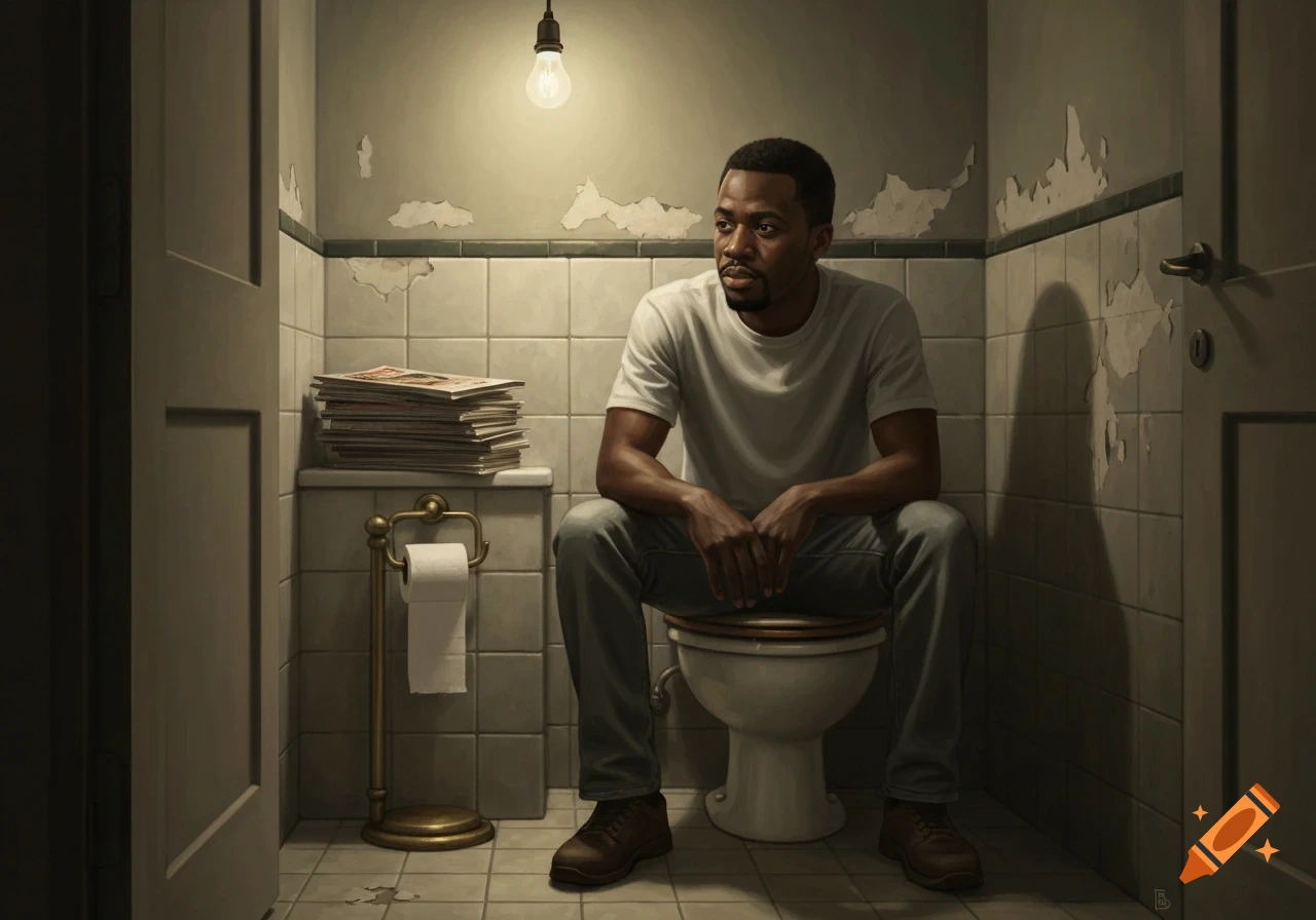 A photorealistic image of a Black man sitting on a toilet in a dimly lit, slightly run-down bathroom, looking off to the side.