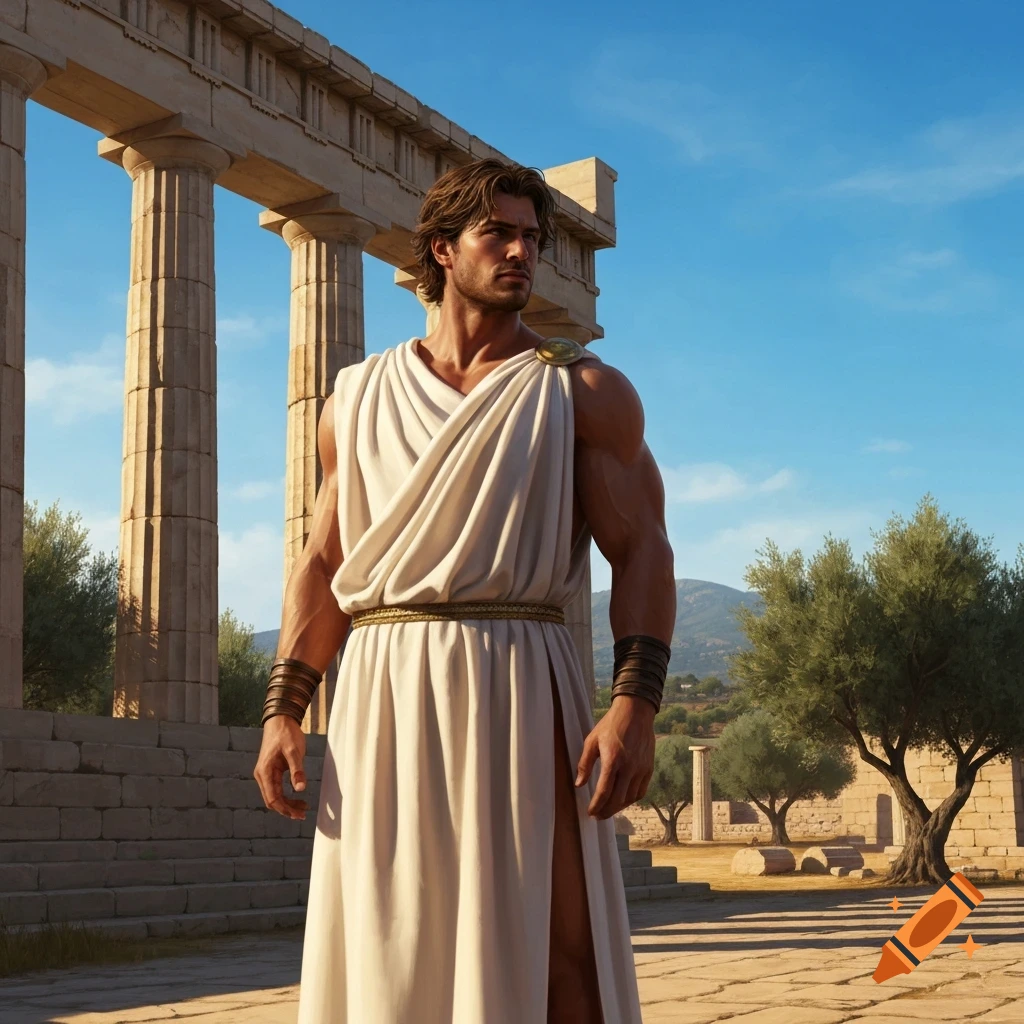 A muscular man with brown hair, wearing a white ancient Greek chiton, stands among sunlit ruins and olive trees.