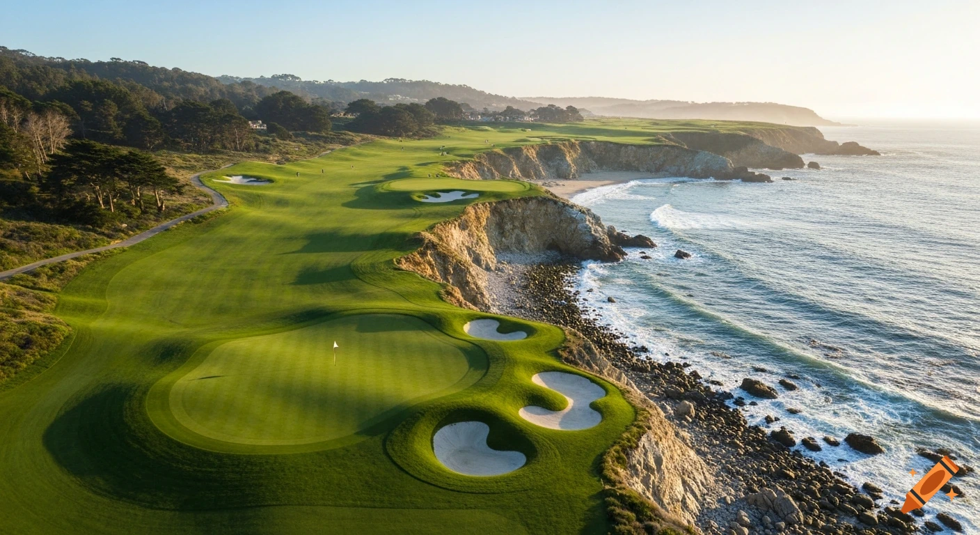 Aerial view of a lush green golf course with bunkers alongside a rugged coastline with ocean waves under a clear sky.