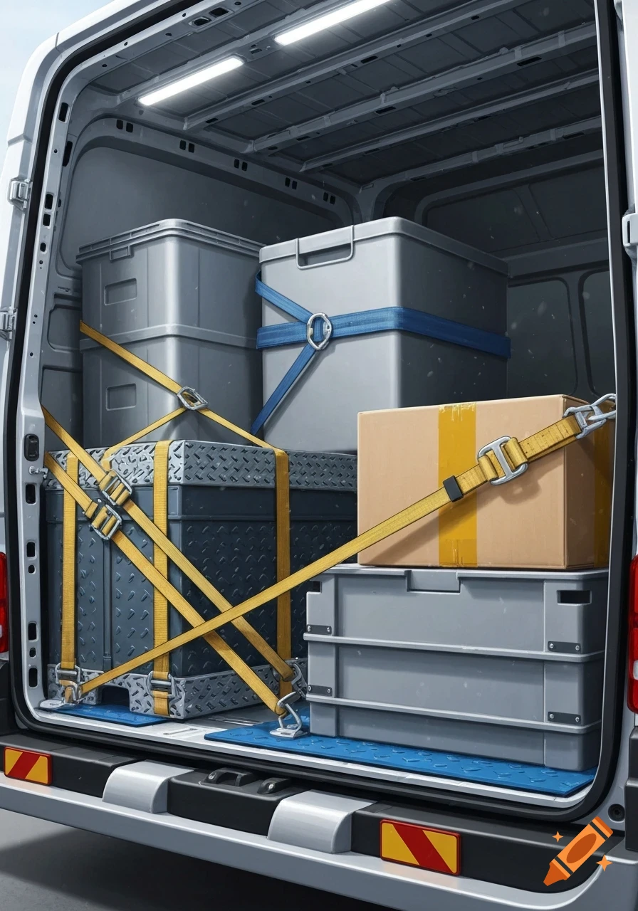 View into the open back of a white delivery van, showing boxes and crates secured with yellow and blue straps.