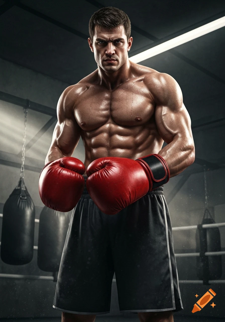 A muscular boxer in red gloves and black shorts stands intensely in a dark gym, with punching bags in the background.