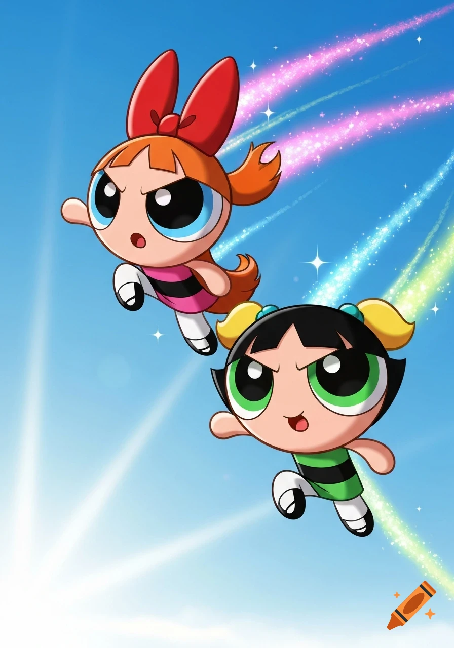 Powerpuff Girls Blossom and Buttercup fly in a blue sky with sparkling rainbow trails, cartoon style.