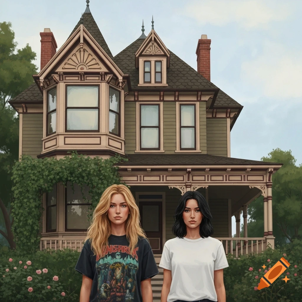 Two young women, one with blond hair and one with dark hair, stand in front of a green Victorian house with a porch.
