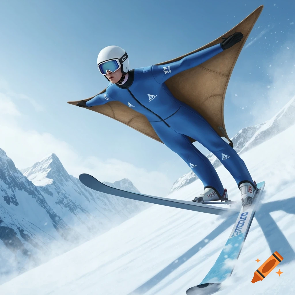 A ski jumper in a blue wingsuit and white helmet with goggles flies down a snowy mountain slope with jagged peaks under a clear blue sky.
