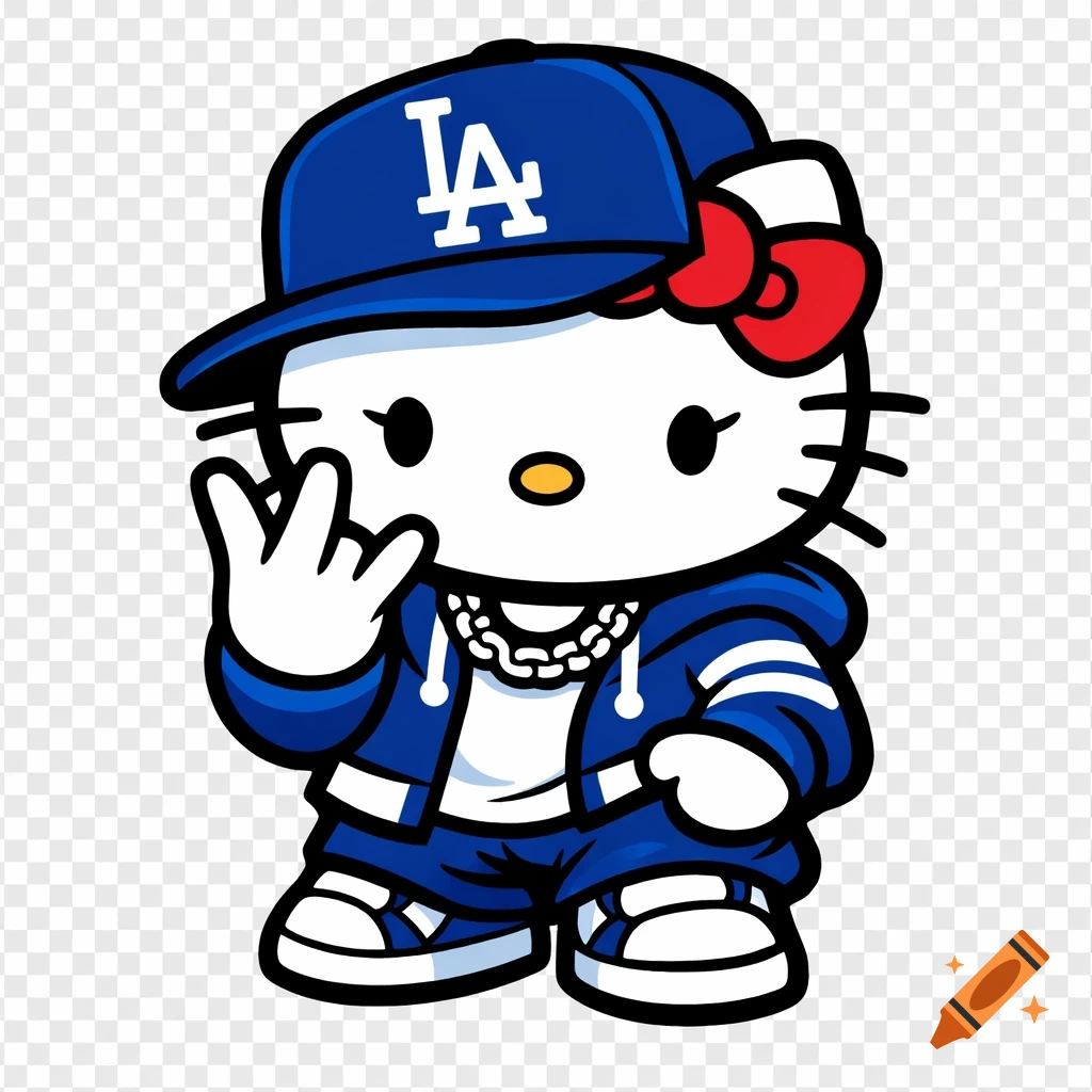 A cartoon Hello Kitty-inspired character in blue streetwear, a blue LA Dodgers cap, and a red bow, making a hand sign. Vector art.