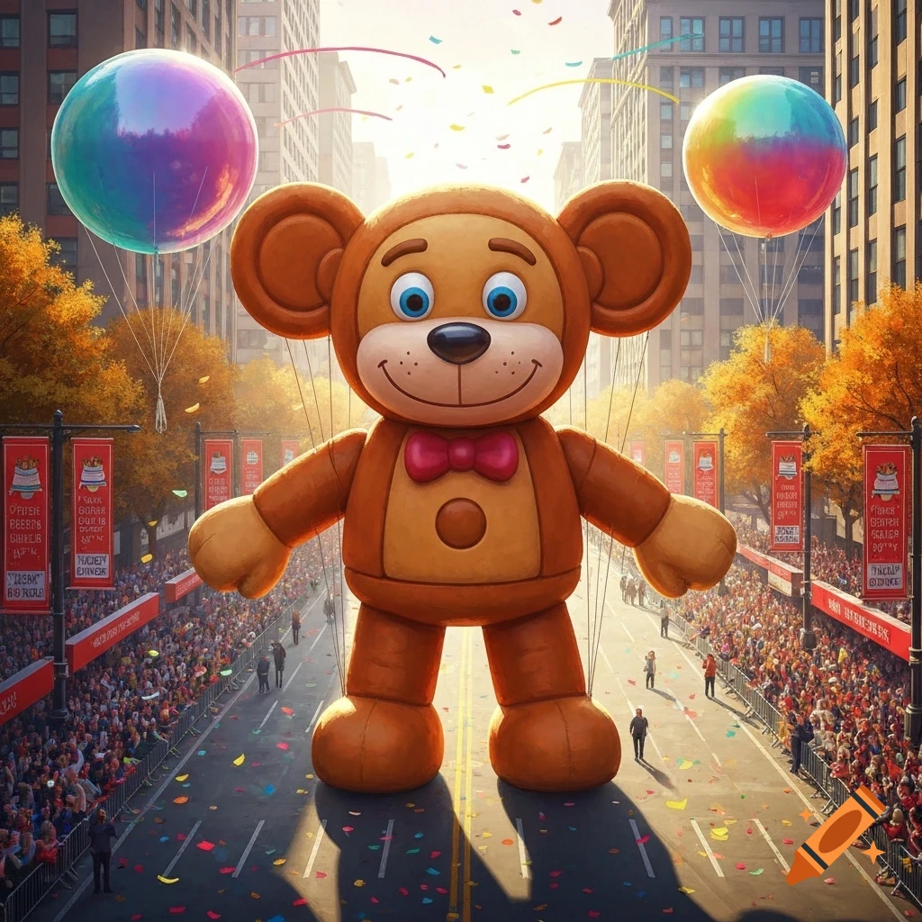 A giant brown teddy bear parade balloon floats down a city street lined with crowds and confetti.