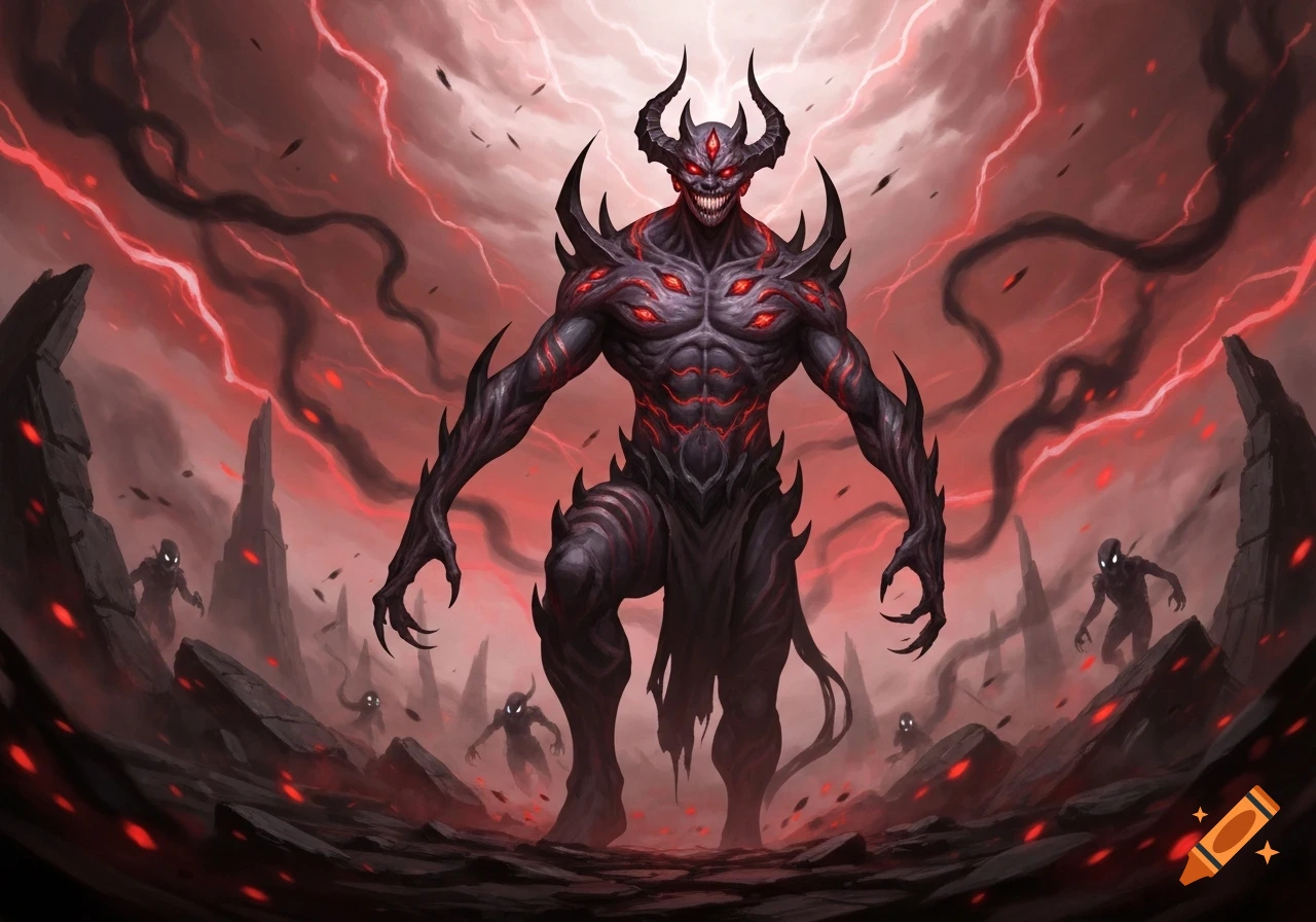 A large, dark horned demon with glowing red eyes and sharp features stands in a rocky, red lightning-filled landscape with smaller demonic figures.