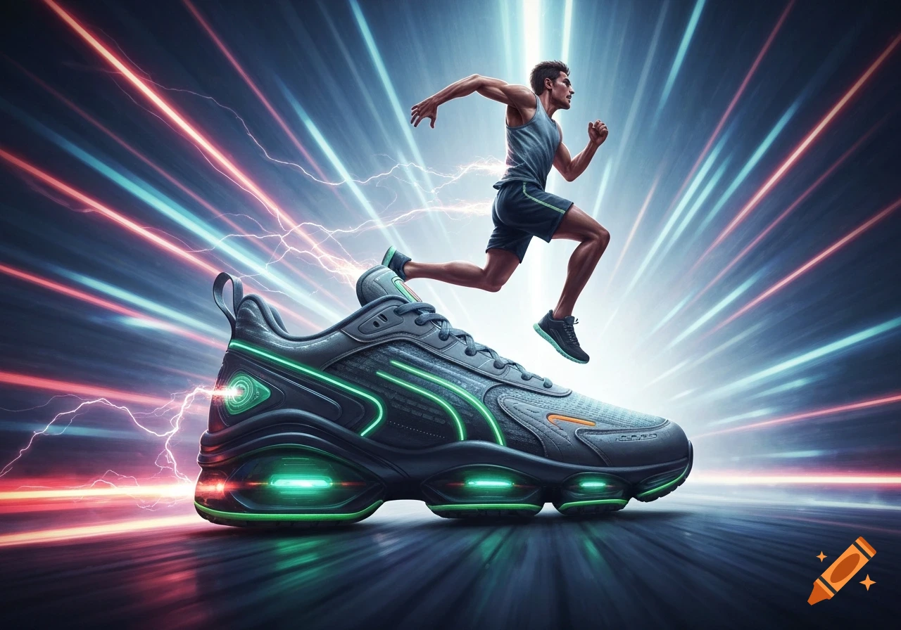 A male runner in athletic gear leaps from a glowing futuristic running shoe with neon accents, against a dynamic background of light trails.