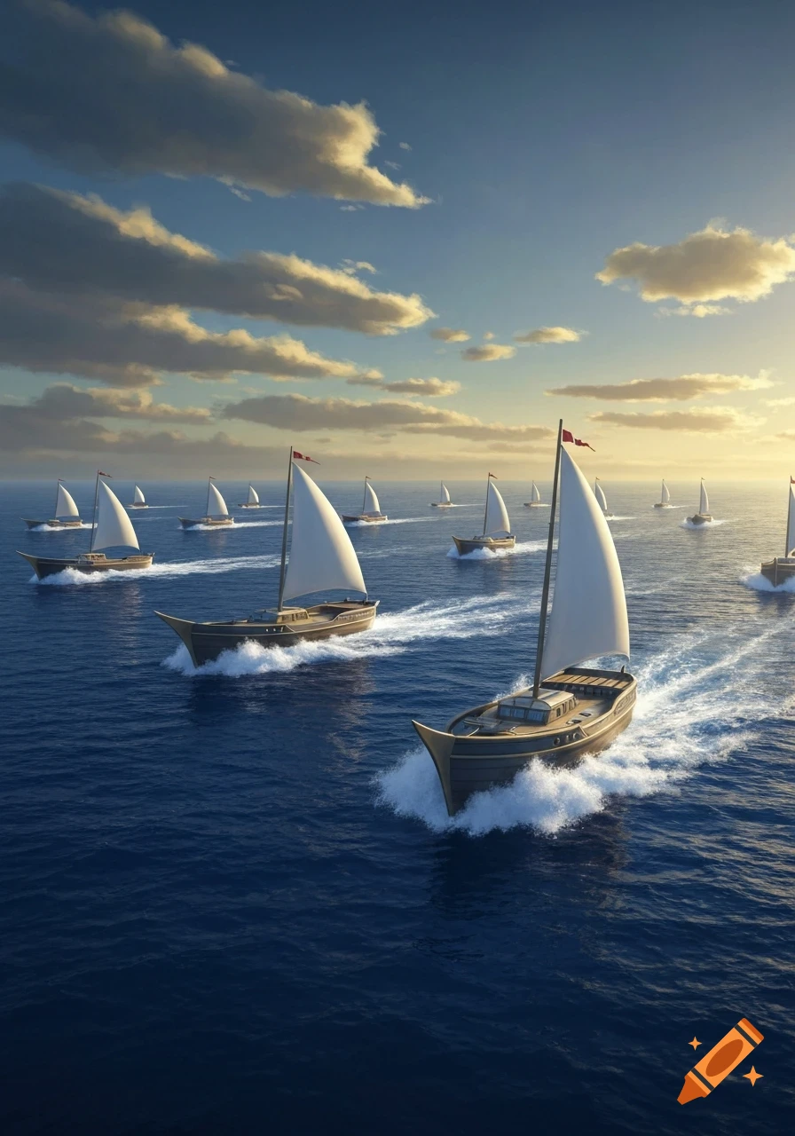 Animated sailboats race across a deep blue ocean under a partly cloudy sky during golden hour.