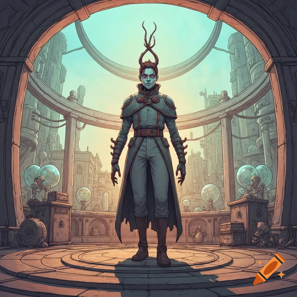 Full-body illustration of a tall character with red eyes, horns, and a dark trench coat, standing in a grand, circular steampunk-style chamber with industrial buildings in the background.