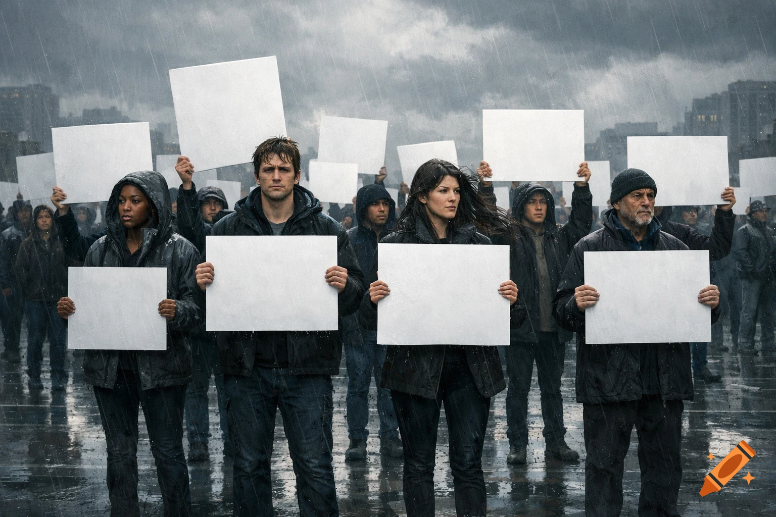 A diverse crowd of protesters stands in the rain holding blank signs in an urban setting.