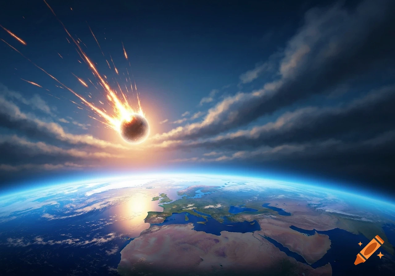 A meteor blazes as it falls towards the Earth's atmosphere, with continents of Europe and Africa visible from space.