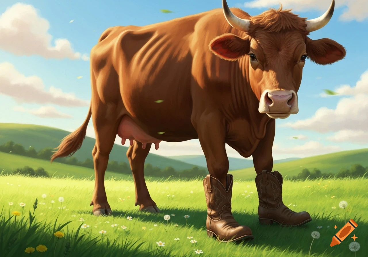 A brown cow with horns and udders stands in a green grassy field, wearing brown cowboy boots on its front two legs.