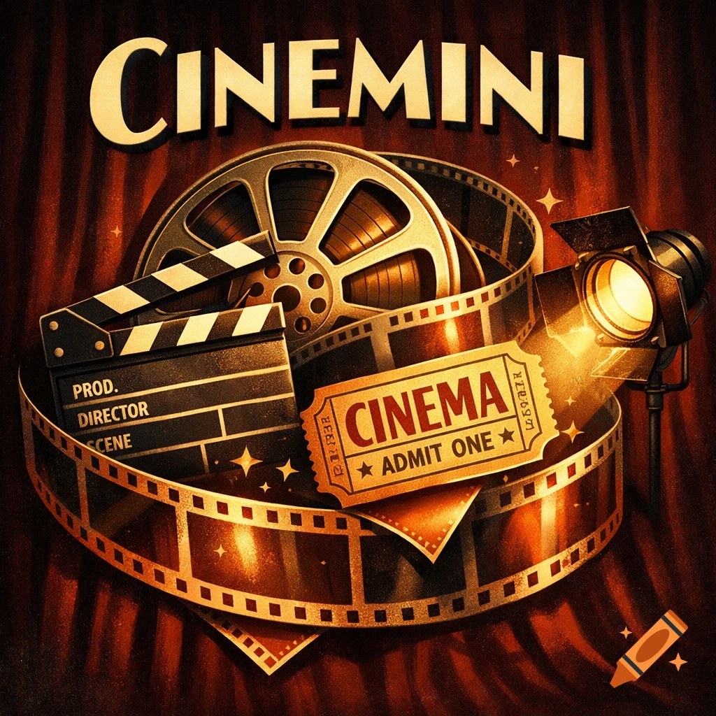 Illustration of a film reel, clapperboard, spotlight, and a cinema ticket with "CINEMINI" text, all against a red curtain background.