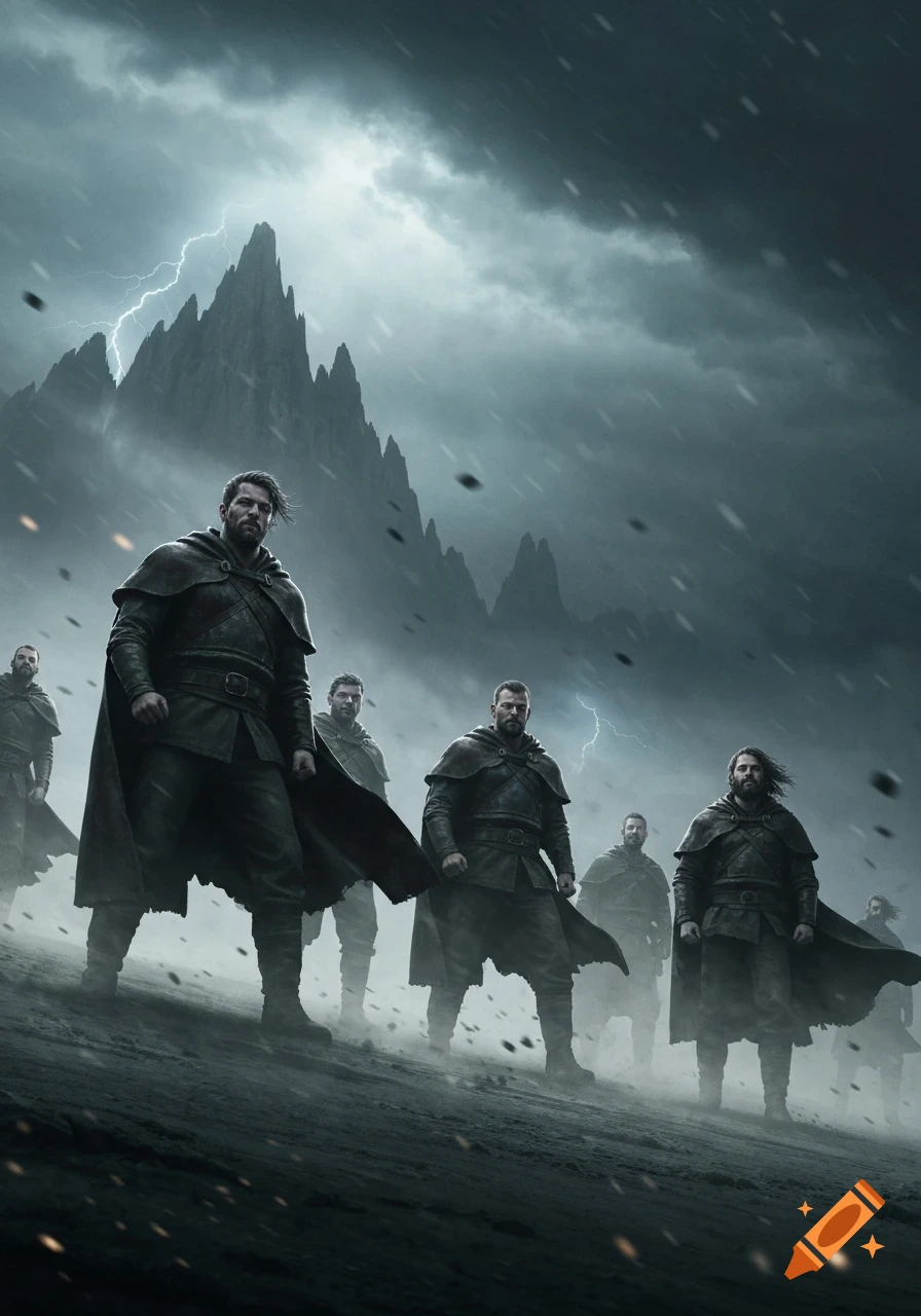A group of stern-faced warriors in dark cloaks stand on a misty mountain under a stormy sky with lightning.