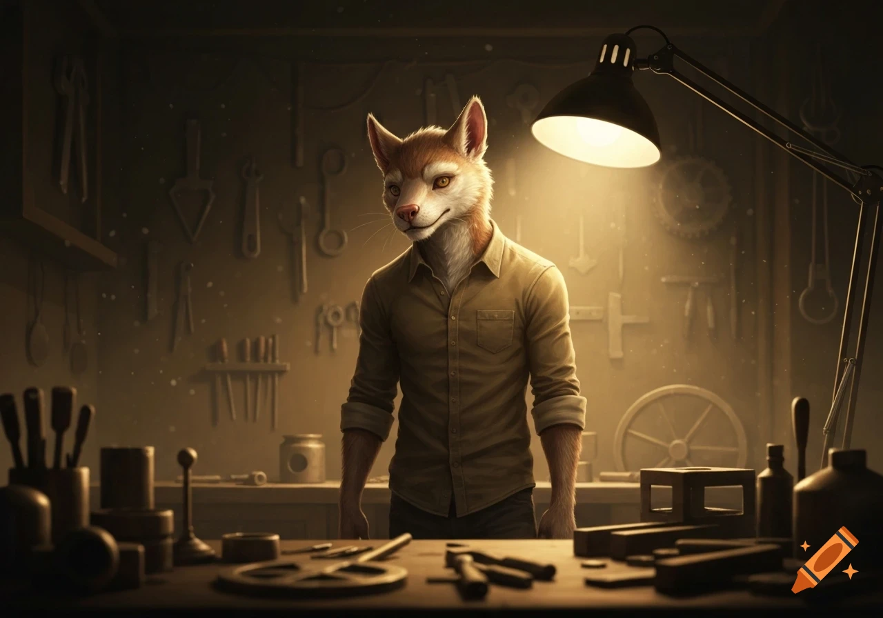 A humanoid fox in a collared shirt stands in a dimly lit workshop, illuminated by a desk lamp. Tools hang on the wall and are on the workbench.