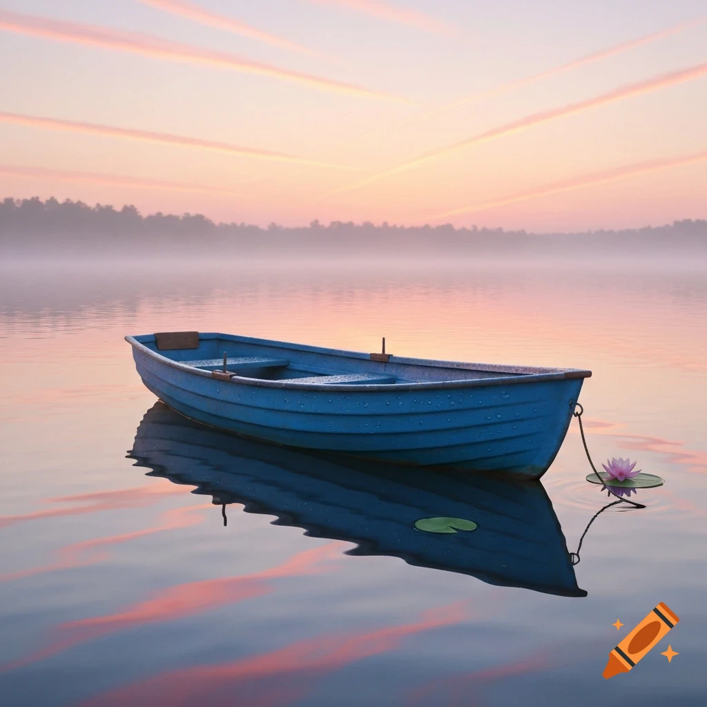 A blue rowboat floats peacefully on a calm lake at sunrise or sunset, with a pink water lily beside it and a misty treeline in the distance.