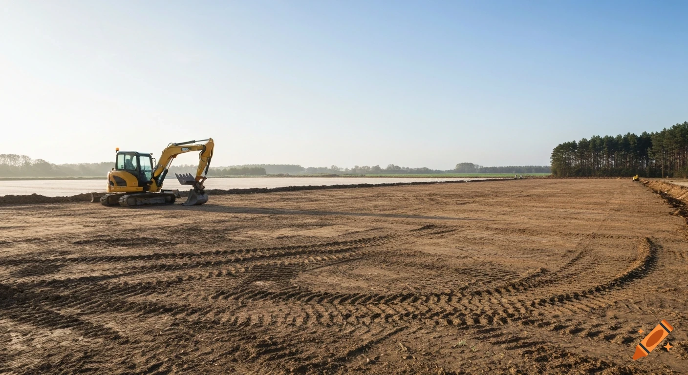 A yellow excavator is parked on a large, flat, cleared construction site under a bright morning sky, with a forest line in the distance.
