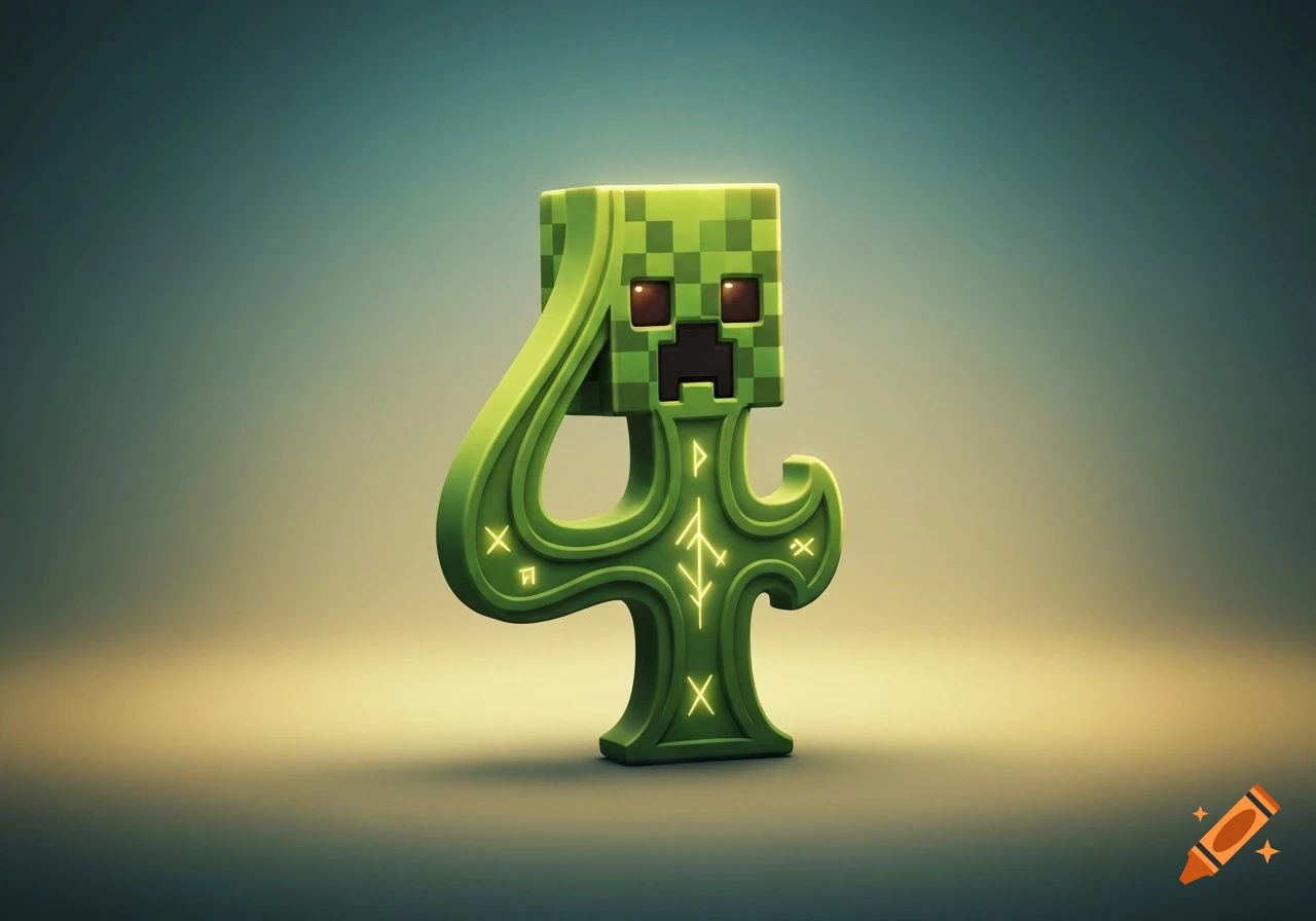 A 3D render of a green Minecraft Creeper head on a stylized green number 4 with glowing runes, against a gradient background.