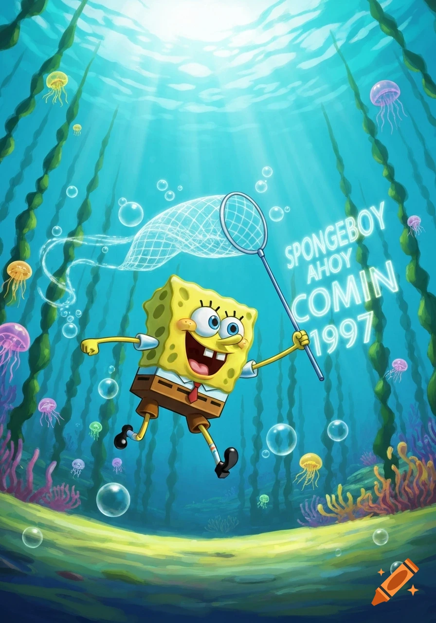 SpongeBob SquarePants runs underwater with a net, chasing jellyfish, with glowing text 'SPONGEBOY AHOY COMIN 1997'.