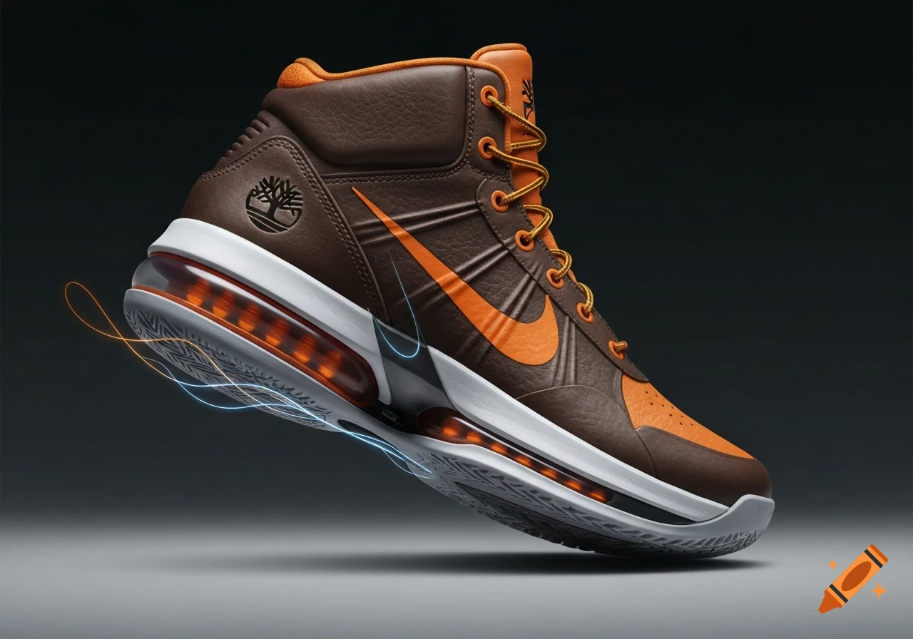 A photorealistic brown and orange high-top shoe, blending Timberland boot aesthetics with Nike basketball shoe design, featuring an exposed air sole.