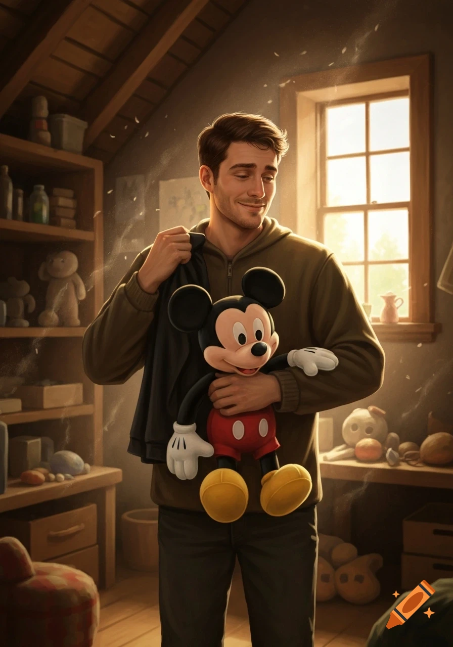 A smiling man in a dusty attic holds a Mickey Mouse plush, with shelves and a sunlit window in the background.