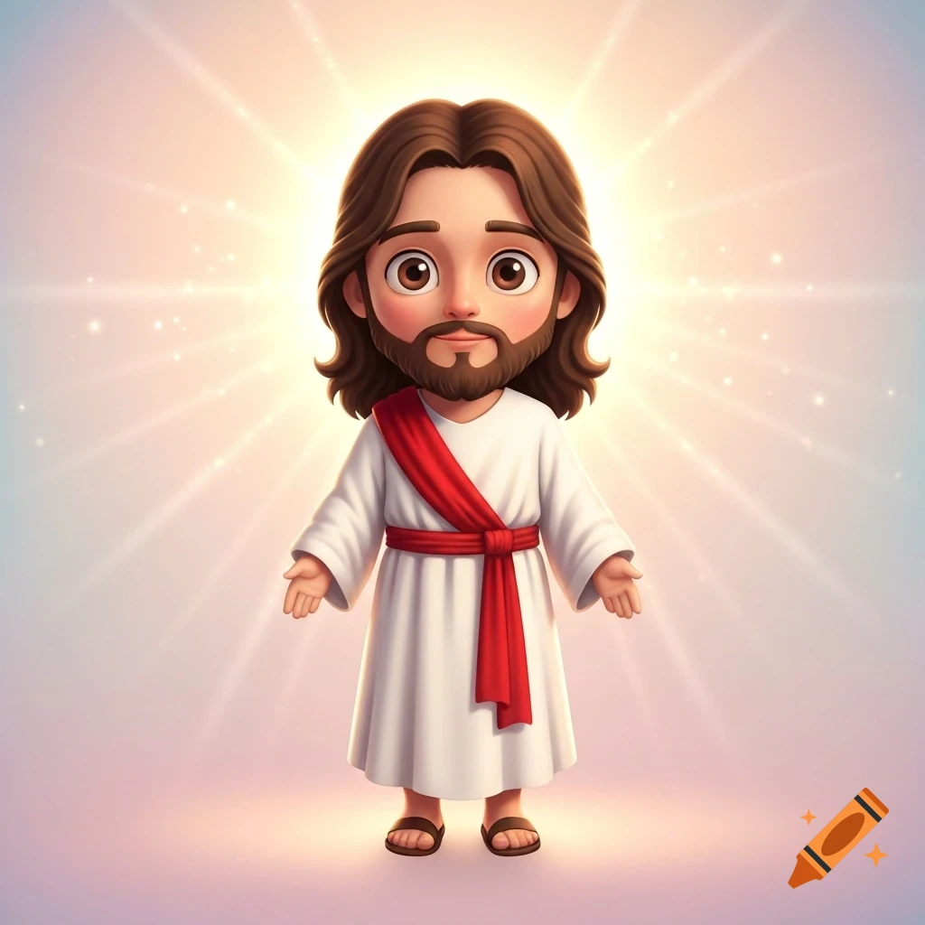 A cute, chibi-style Jesus with brown hair and beard, wearing a white robe and red sash, stands with hands open against a bright, glowing background.