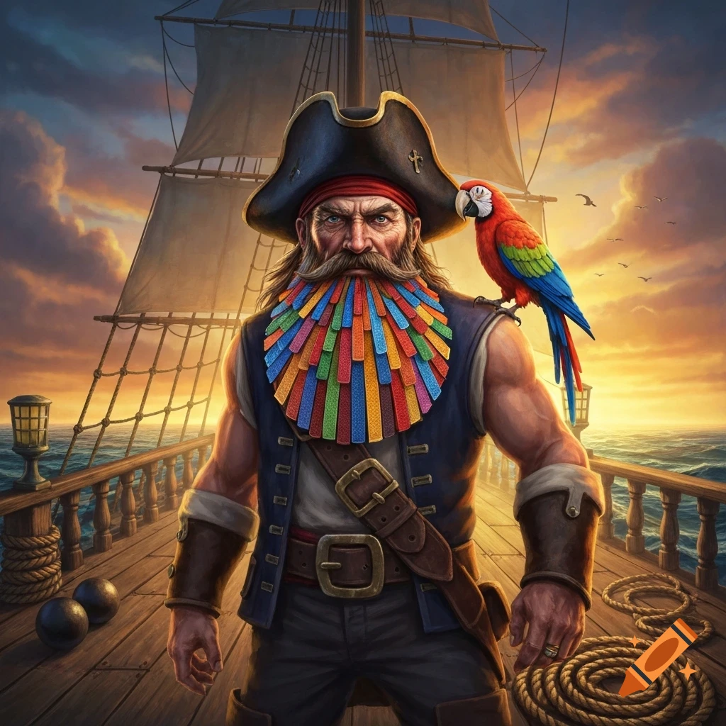 A detailed illustration of a pirate with a colorful, multi-striped beard and a parrot on his shoulder, standing on a ship deck at sunset.