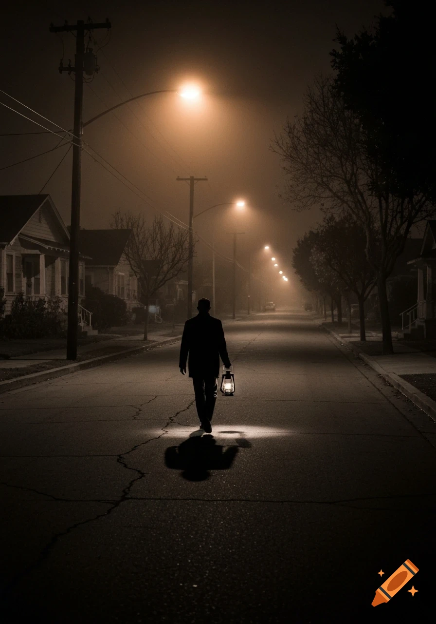 A man in silhouette walks down a foggy, street-lit suburban road at night, carrying a glowing lantern.