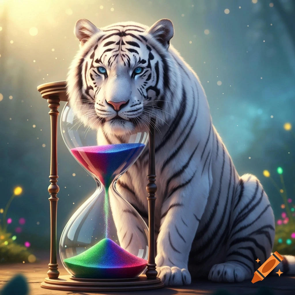 A majestic white tiger with blue eyes sits next to a large, ornate hourglass filled with colorful, sparkling sand in a mystical forest.
