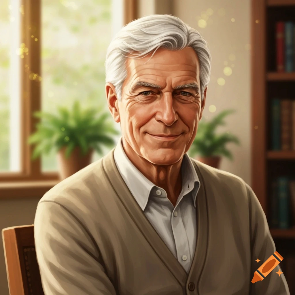 A smiling elderly man with white hair and a beige cardigan sits indoors, with plants and a bookshelf in the background.