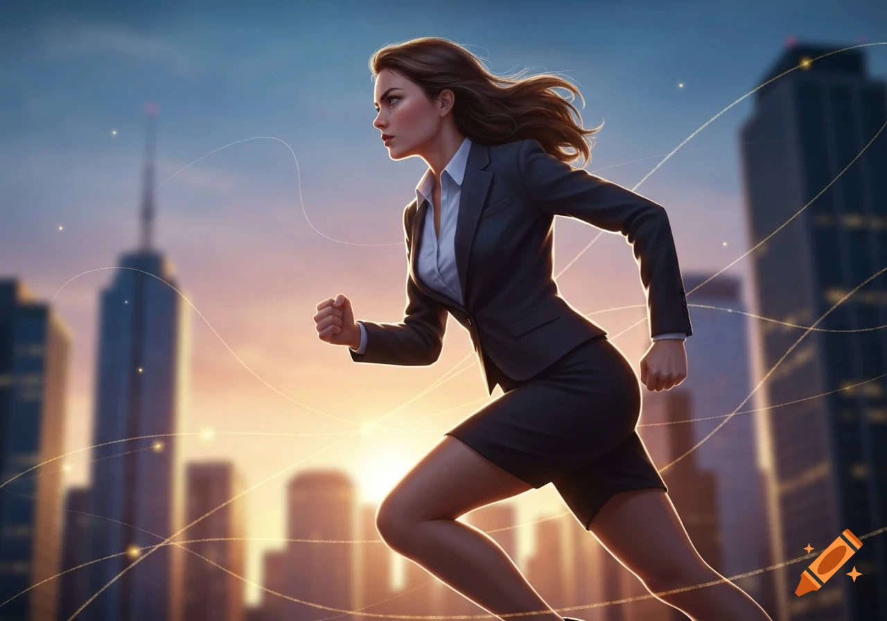 A determined businesswoman in a suit runs through a city at sunset, with glowing data lines around her.