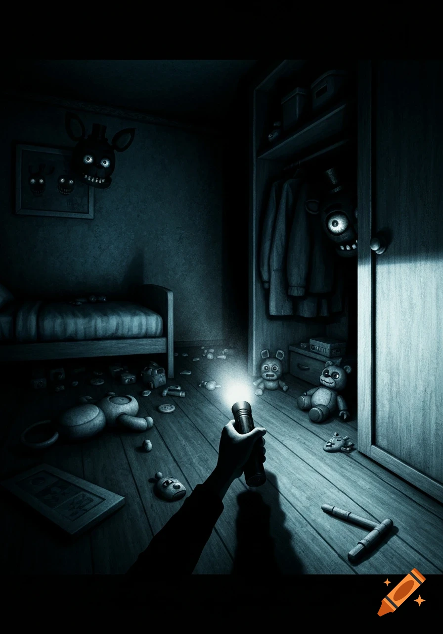 A hand shines a flashlight in a dark bedroom, illuminating creepy animatronic faces peeking from a closet and mounted on a wall, with toys scattered across the floor.
