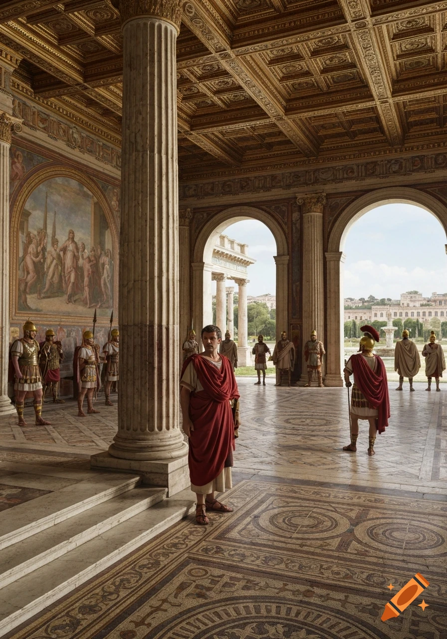 Photorealistic image of a Roman Emperor and guards in a grand palace hall with columns, frescoes, and mosaic floors.
