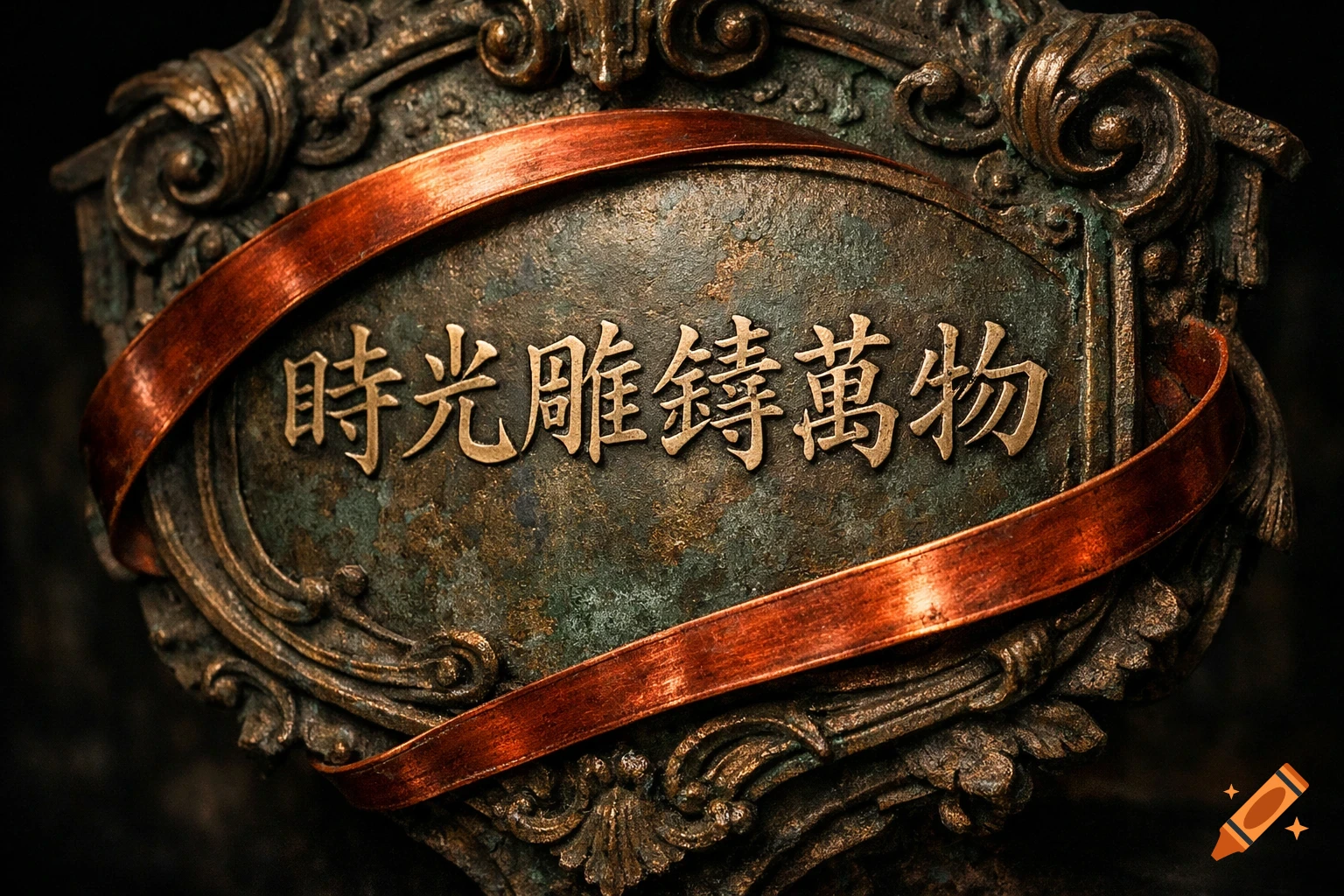 Photorealistic image of an ornate, heraldic-shaped old bronze plaque with an engraved Chinese motto, encircled by a red copper ribbon.