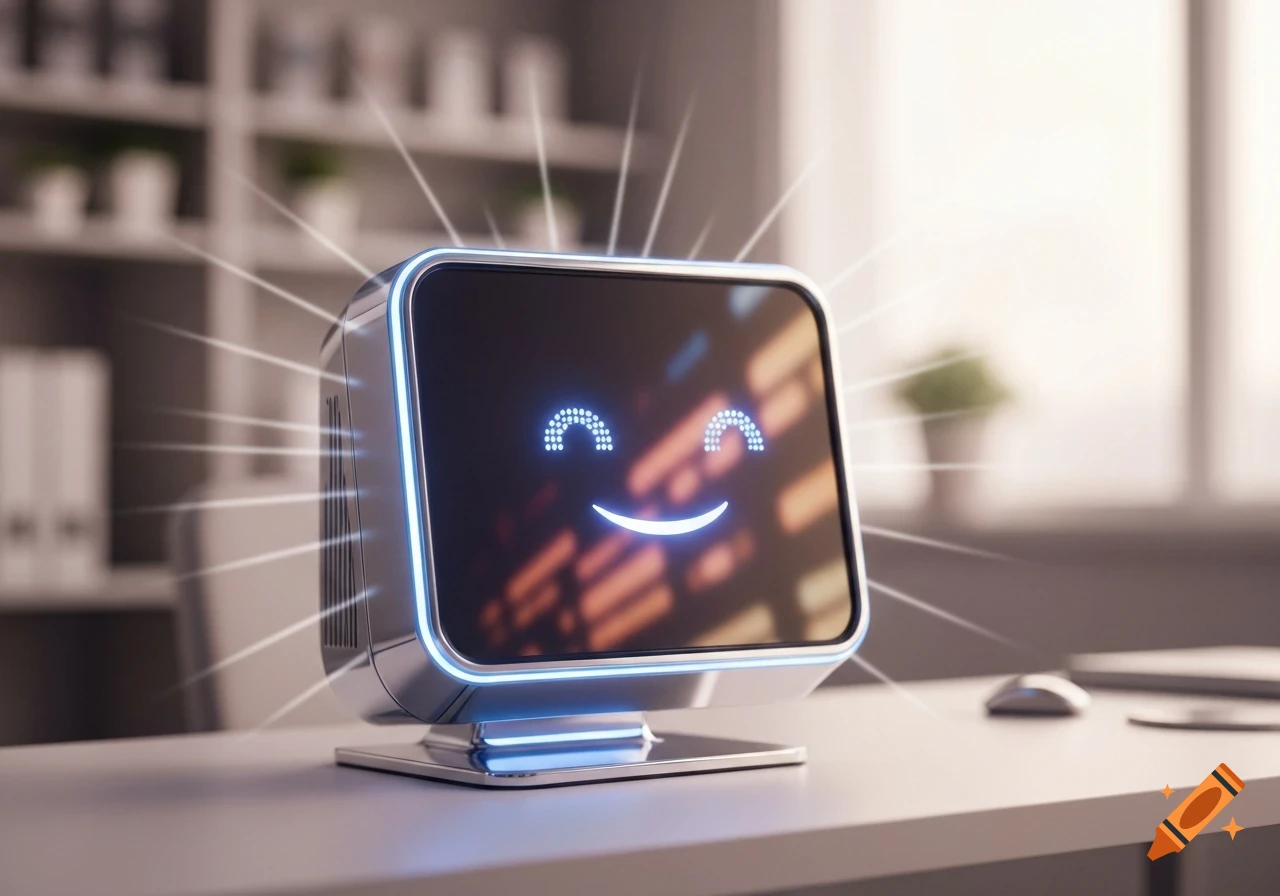 A stylized, smiling computer monitor with glowing blue details sits on a desk in a bright office, with light rays emanating from its screen.