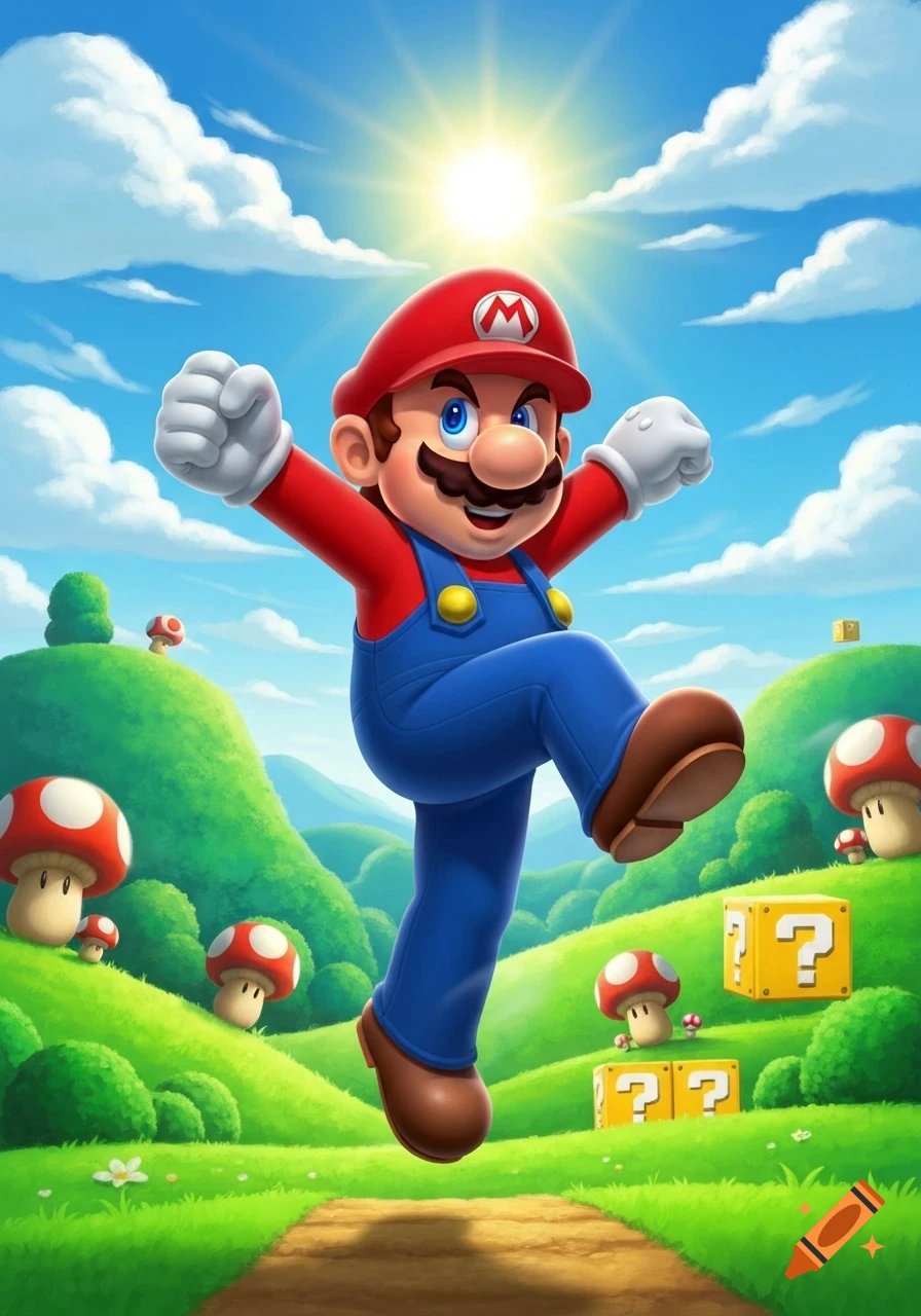 Mario joyfully jumping in a vibrant, cartoonish green landscape with red mushrooms, question blocks, and a bright sunny sky.