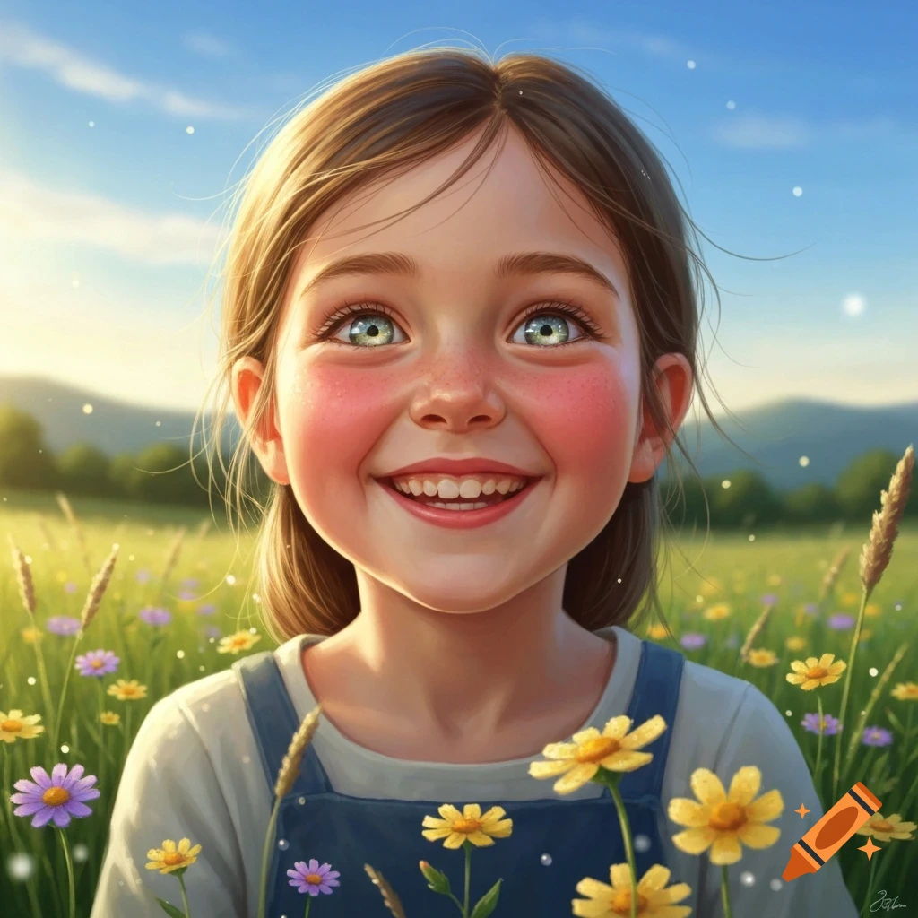 A wide-eyed, smiling young girl with rosy cheeks and freckles stands in a field of colorful wildflowers, in a vibrant, stylized art.
