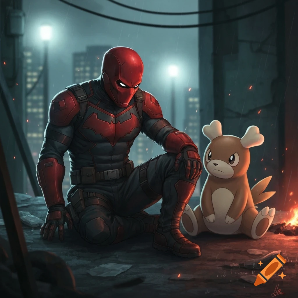 Red Hood sits on a dark, rainy city street next to a Bidoof Pokémon, both looking forward in a dramatic, illustrative style.