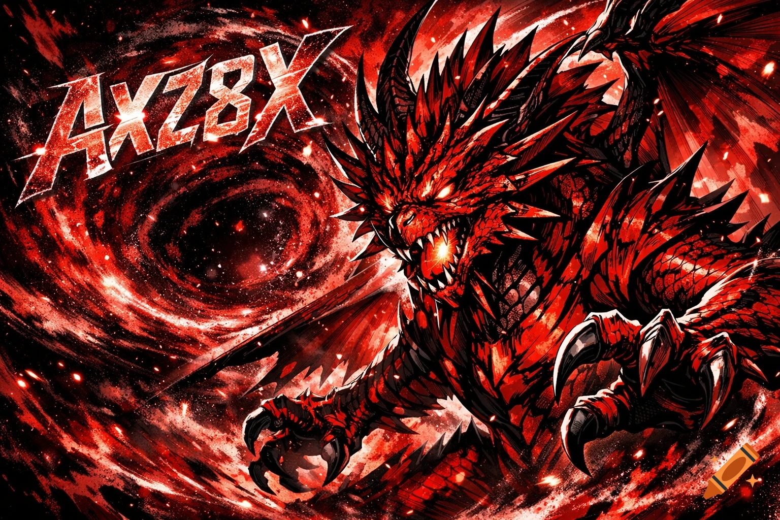 Epic manga-style red dragon in a menacing pose, roaring with glowing eyes and text 'AXZ8X' over a red and black galaxy background.