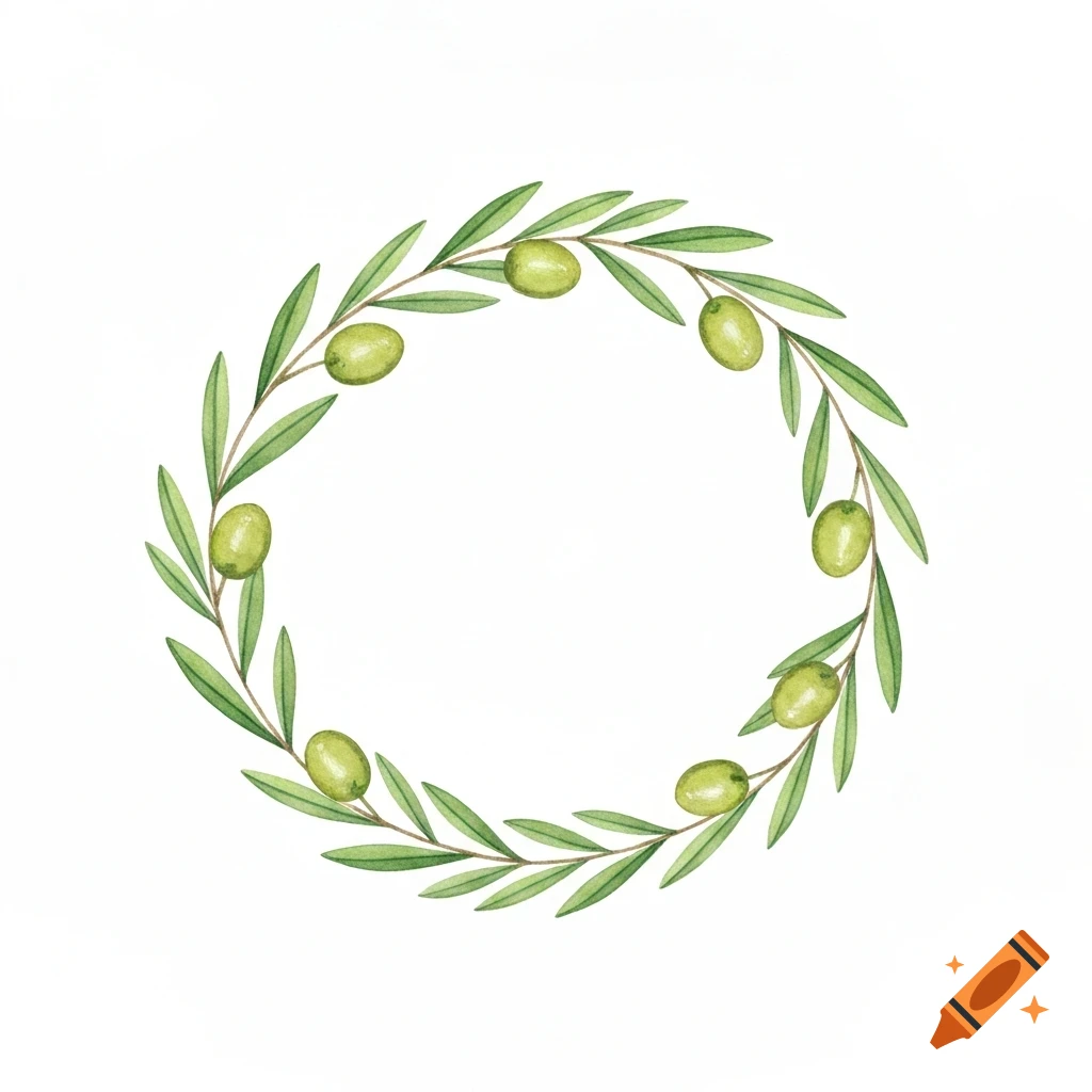 A perfectly round and balanced watercolor olive wreath with green leaves and small green olives on a white background.