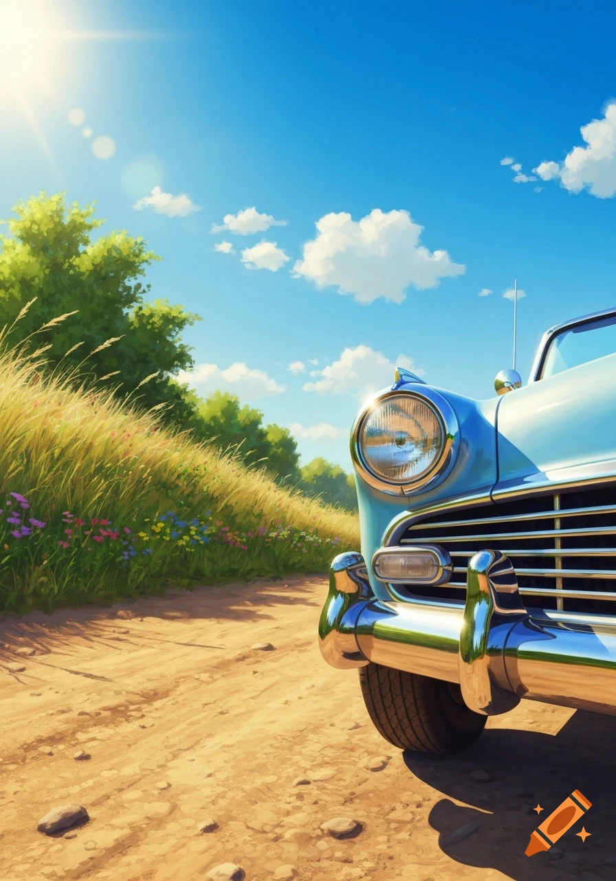 Front of a light blue classic car on a dirt road next to a field of tall grass under a bright blue sky, anime style.
