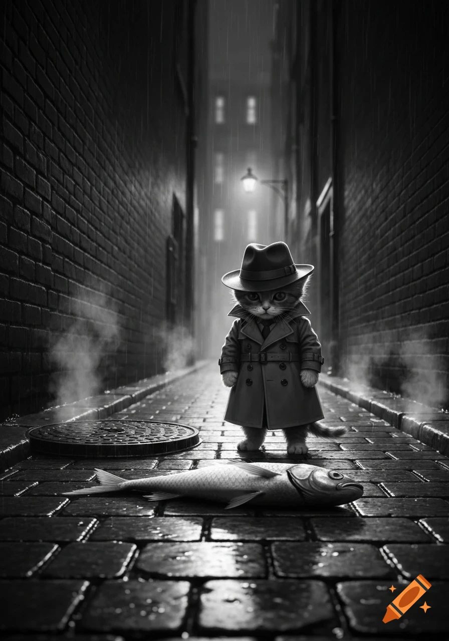 A black and white image of a small, stern kitten in a trench coat and fedora standing over a dead fish in a dark, rainy alley, in a noir style.