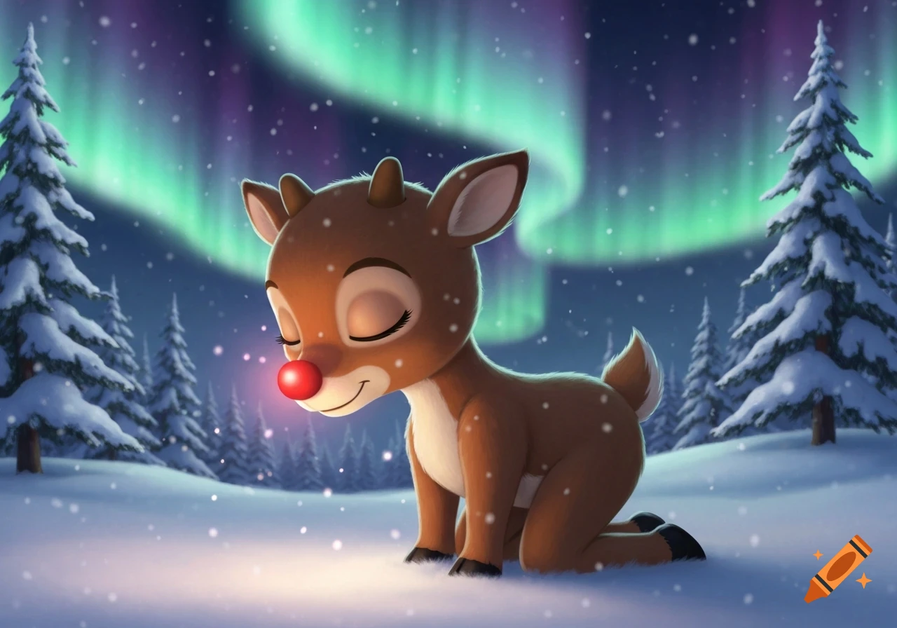 A cute, cartoon Rudolph the Red-Nosed Reindeer kneels in a snowy forest under a green aurora borealis sky.